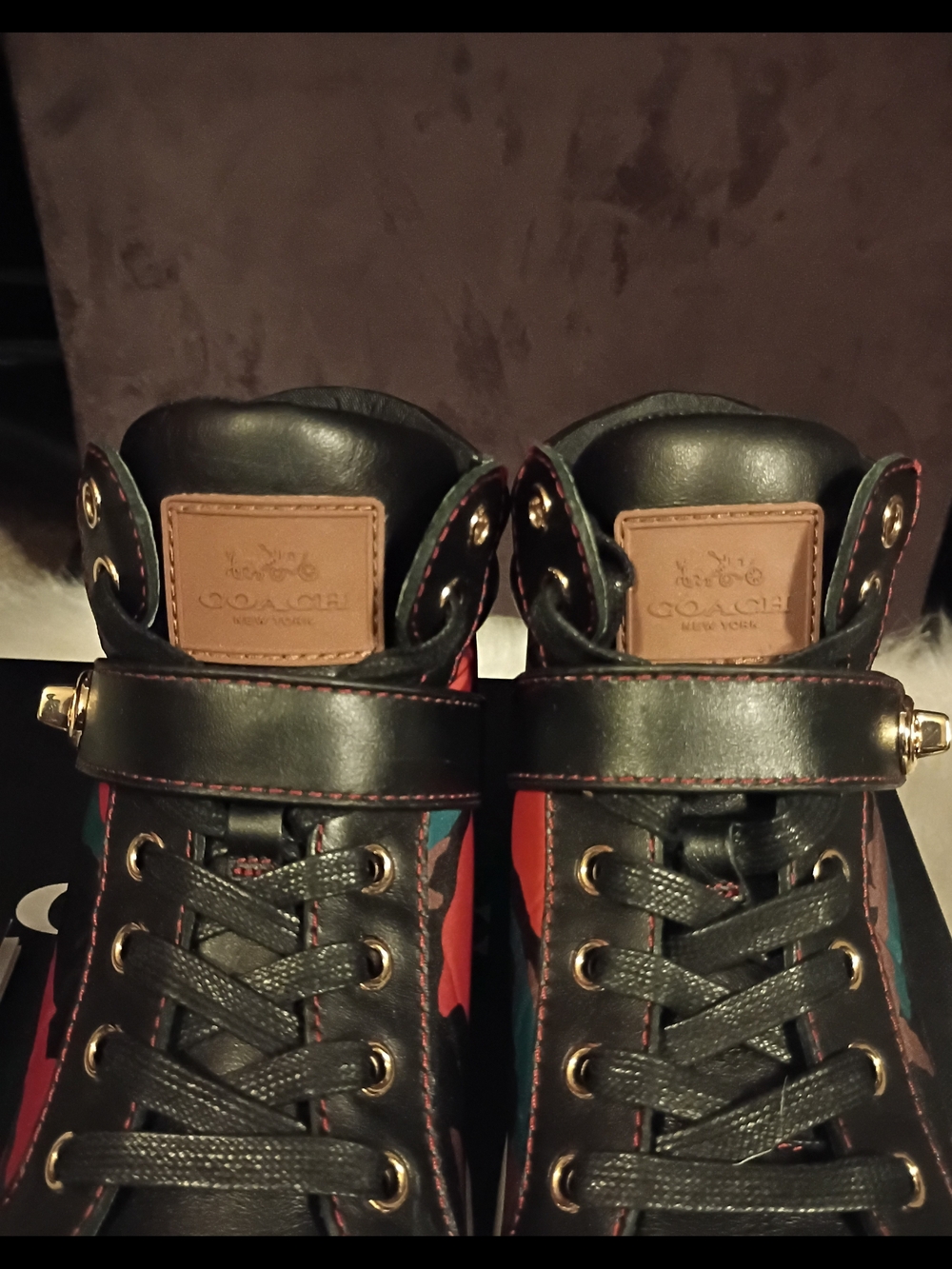 Women's COACH High Top Sneakers in Black, Red & Green And Brown Camouflage (9B) - Picture 2 of 4